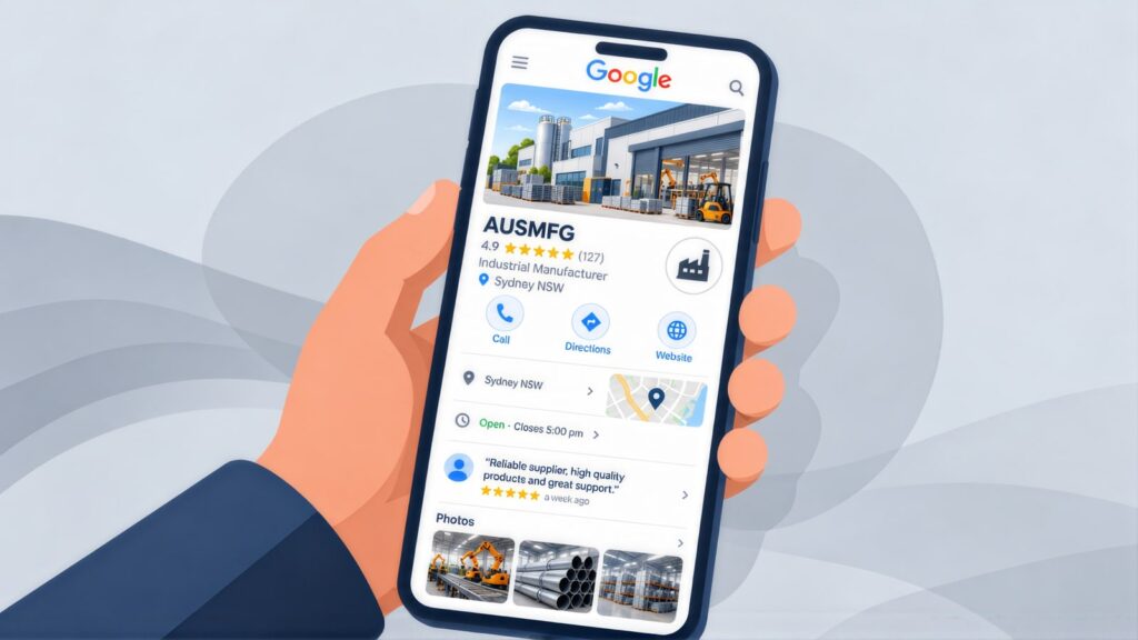 Hand holding a phone showing the AUSMFG Google Business Profile, an industrial manufacturer in Sydney rated 4.9 from 127 reviews