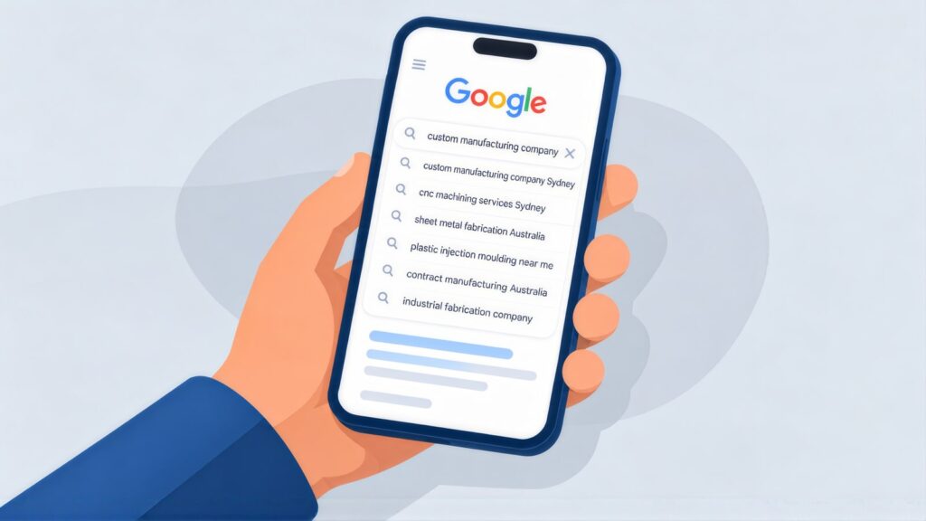 Hand holding a phone with Google suggestions for custom manufacturing company, including cnc machining services Sydney and sheet metal fabrication Australia