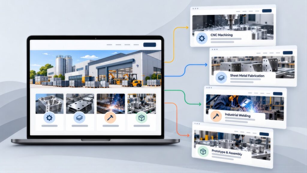 Factory homepage on a laptop with arrows to landing pages for CNC Machining, Sheet Metal Fabrication, Industrial Welding and Prototype & Assembly