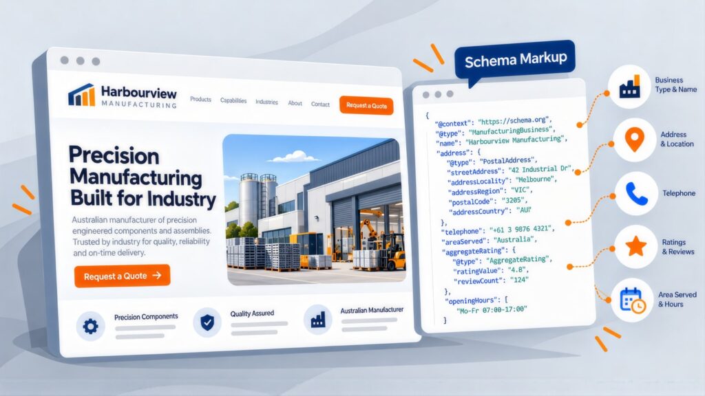 Harbourview Manufacturing homepage headlined Precision Manufacturing Built for Industry beside ManufacturingBusiness schema code with labelled callouts