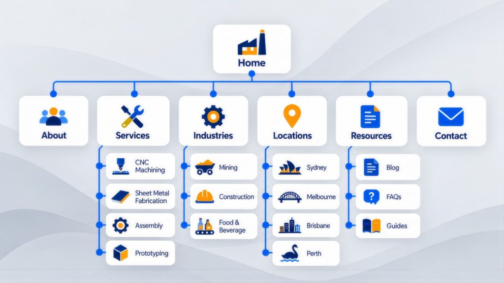 Site map from Home to About, Services, Industries, Locations, Resources and Contact, with pages like CNC Machining, Prototyping, Mining and Perth