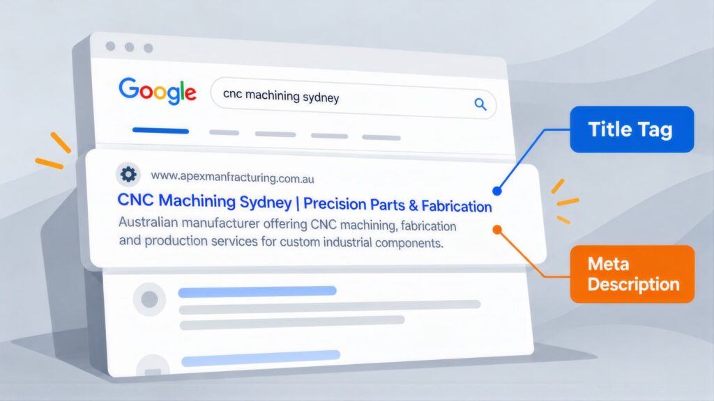 Google result for 'cnc machining sydney' with the blue headline labelled Title Tag and the snippet about custom industrial components labelled Meta Description