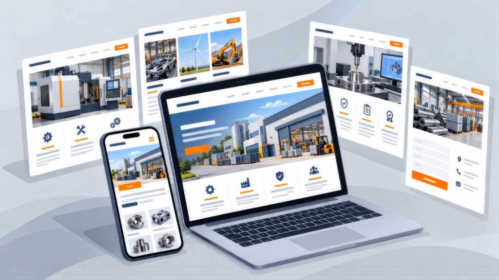 Manufacturing website on a laptop and phone surrounded by page layouts showing CNC machines, industry photos, machined parts and a contact form