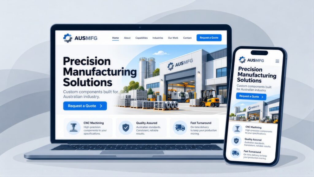 AUSMFG homepage on a laptop and phone, headlined Precision Manufacturing Solutions with a factory, forklift and Request a Quote button