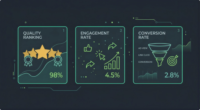 Meta's three ad relevance diagnostics: quality ranking, engagement rate ranking and conversion rate ranking.