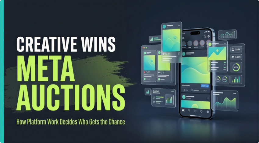 Creative Wins Meta Auctions: How Platform Work Decides Who Gets the Chance, with social ad mockups around a phone.
