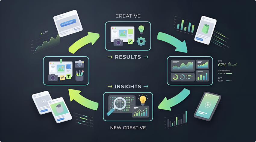 Creative feedback loop: creative produces results, results produce insights, insights shape the next creative.