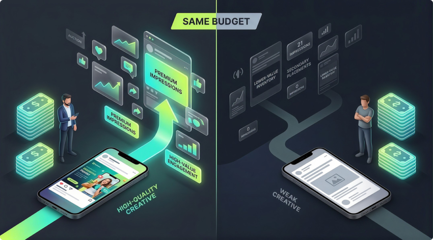 Same budget, two outcomes: high-quality creative reaches premium impressions while weak creative is pushed to lower-value inventory.
