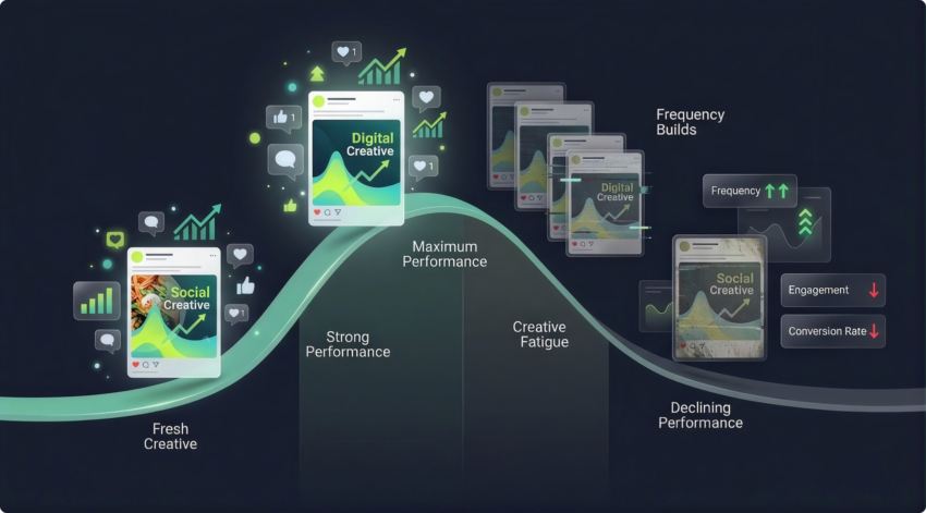 Creative lifecycle curve from fresh creative to maximum performance, then creative fatigue as frequency builds and engagement falls.