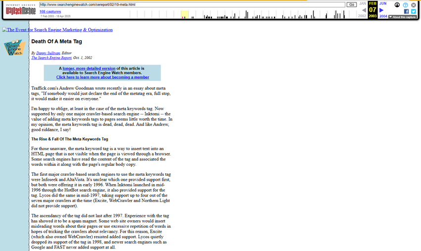 wayback capture of danny sullivan's 2002 'death of a meta tag' on search engine watch, archive toolbar dated 7 february 2003.