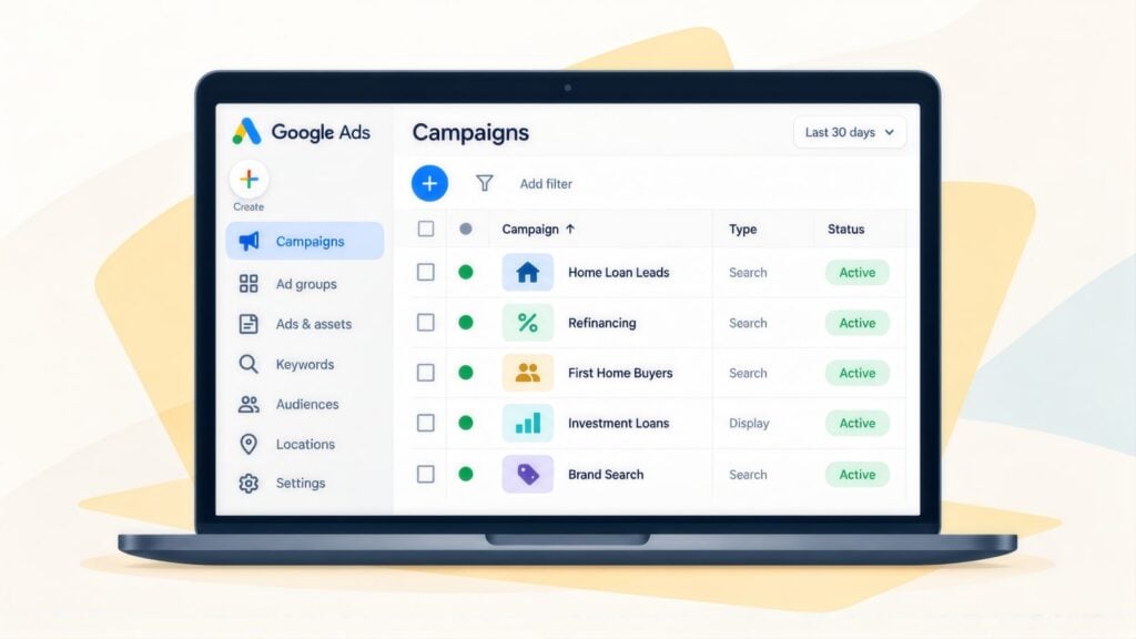 Laptop showing Google Ads campaigns for a mortgage broker, including Home Loan Leads, Refinancing, First Home Buyers and Brand Search, all active