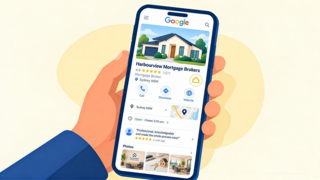 Phone showing the Harbourview Mortgage Brokers Google Business Profile in Sydney, rated 4.9 from 127 reviews, with call, directions and a review