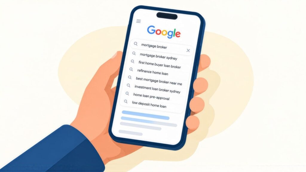Hand holding a phone with Google suggestions for mortgage broker, including first home buyer loan broker, refinance home loan and low deposit home loan