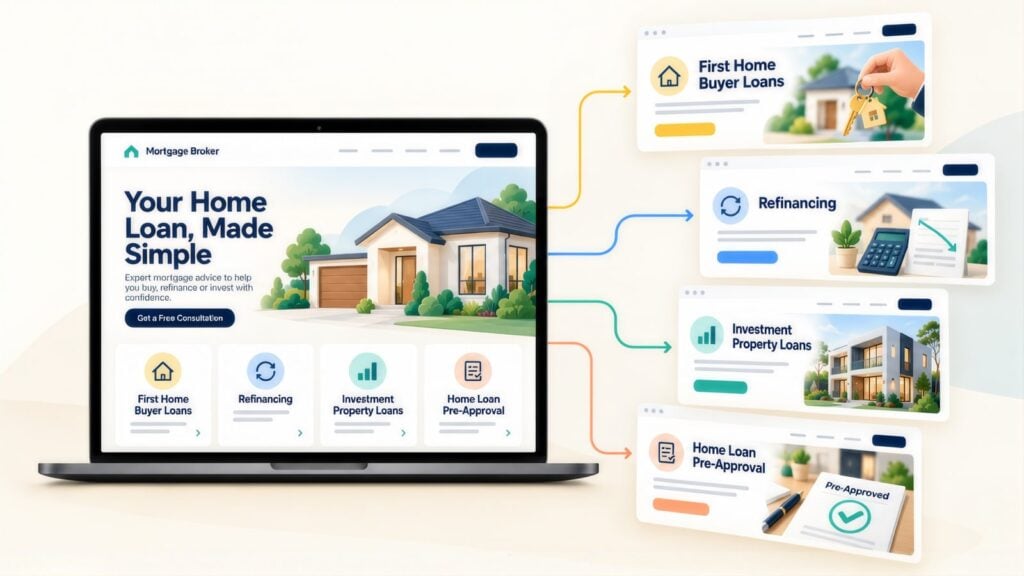Laptop showing a mortgage broker site headed 'Your Home Loan, Made Simple', linked to First Home Buyer, Refinancing and Pre-Approval landing pages