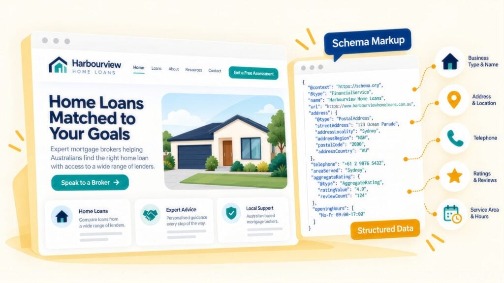 Harbourview Home Loans web page beside its FinancialService schema code, with labels for business name, address, telephone, ratings and hours