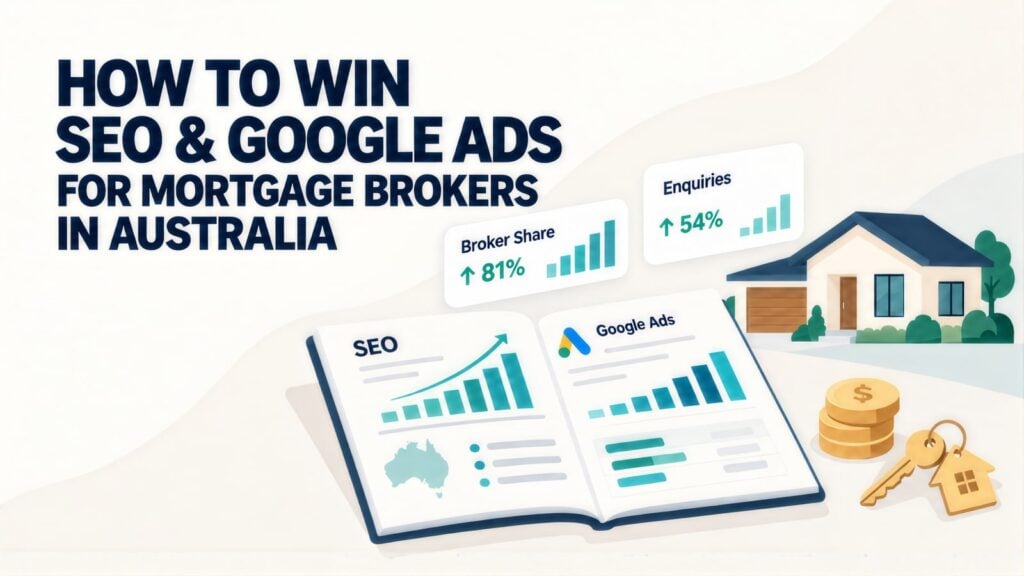 Headline 'How to Win SEO & Google Ads for Mortgage Brokers in Australia' beside an open guide, 81% broker share and 54% enquiries cards, a house, gold coins and house keys