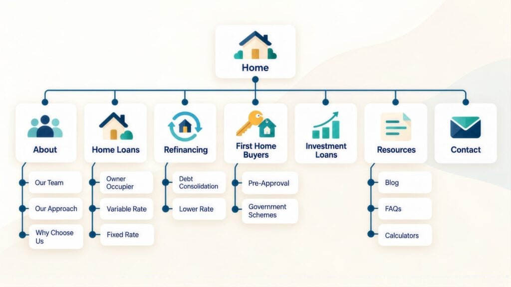Site map tree from Home to Home Loans, Refinancing, First Home Buyers and Investment Loans, with pages like Fixed Rate, Pre-Approval and Calculators