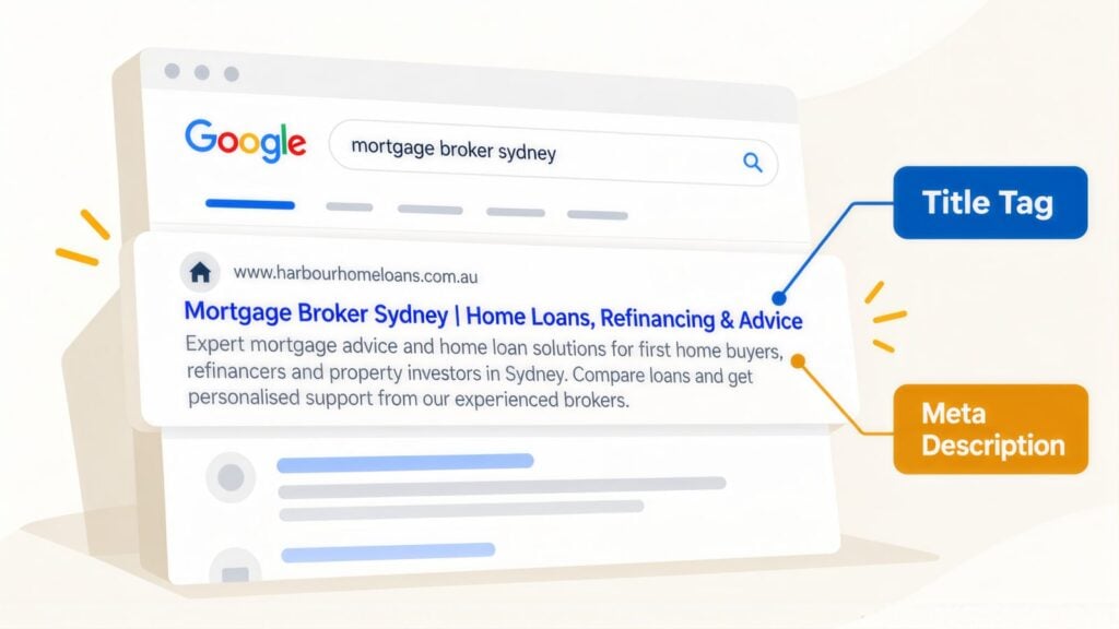 Google result for 'mortgage broker sydney' with the blue headline labelled Title Tag and the snippet about first home buyers labelled Meta Description