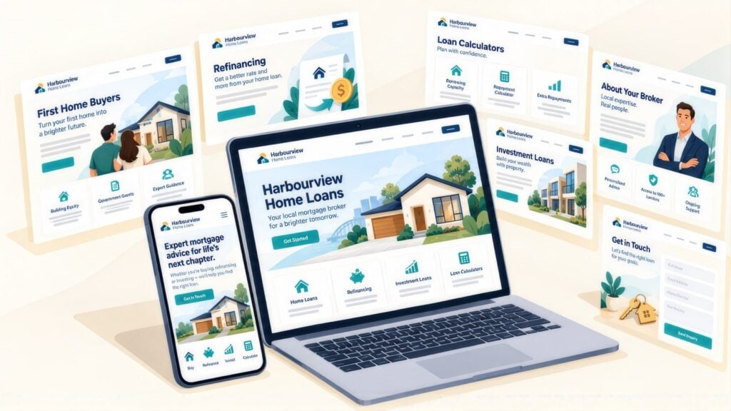 Laptop, phone and floating Harbourview Home Loans pages, including First Home Buyers, Refinancing, Loan Calculators, About Your Broker and Get in Touch