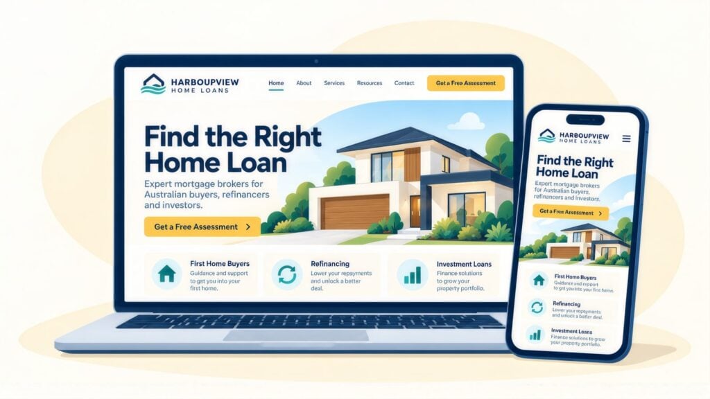 Laptop and phone showing a home loans website headed 'Find the Right Home Loan', with First Home Buyers, Refinancing and Investment Loans tiles
