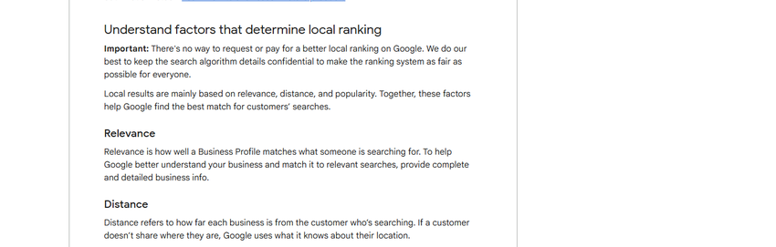 google business profile help section titled understand factors that determine local ranking, naming relevance, distance, and popularity.