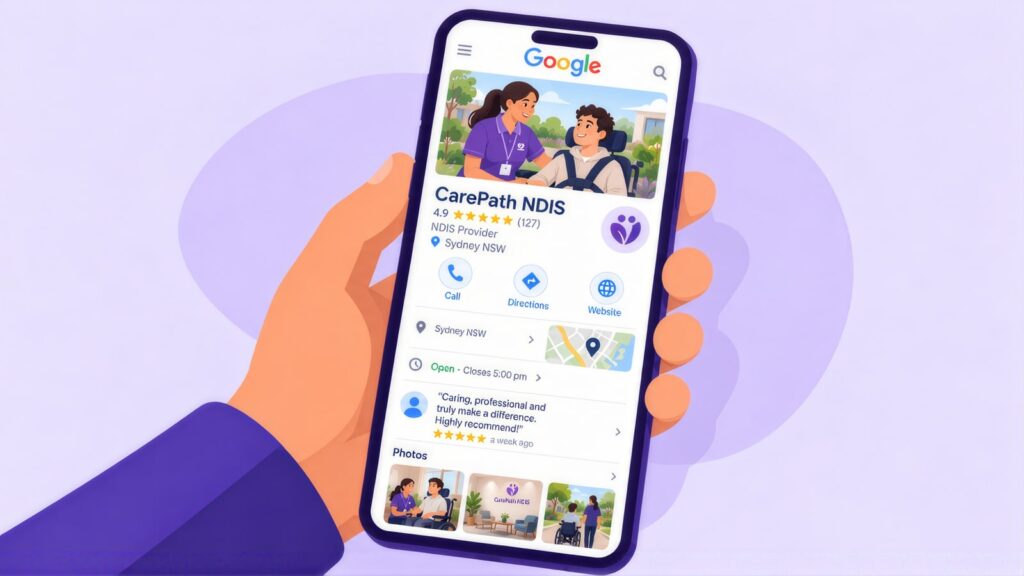 Hand holding a phone with the Google Business Profile for CarePath NDIS, a Sydney NDIS provider rated 4.9 stars, with call, directions, a review and photos