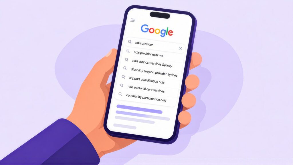 Hand holding a phone with Google suggestions for ndis provider, including ndis support services Sydney, support coordination ndis and ndis personal care
