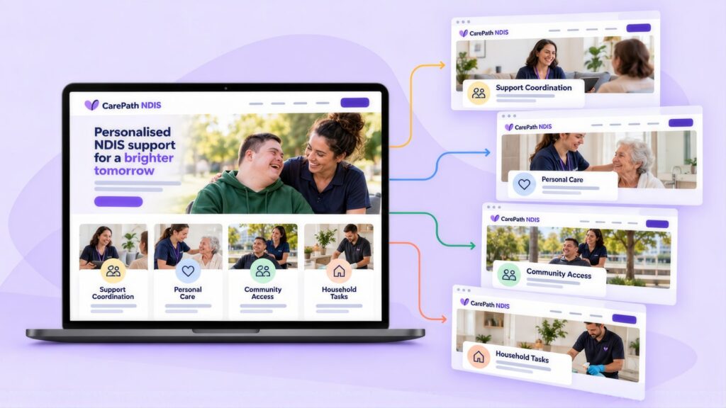 CarePath NDIS homepage on a laptop with arrows to photo landing pages for Support Coordination, Personal Care, Community Access and Household Tasks