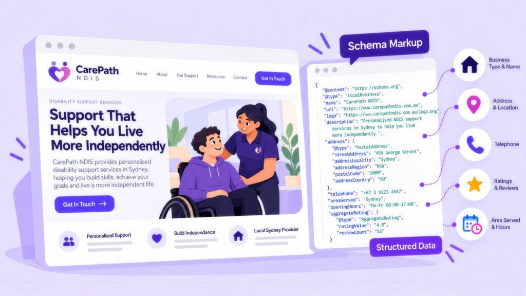 CarePath NDIS web page reading 'Support That Helps You Live More Independently' beside its LocalBusiness schema code with callouts for address and ratings