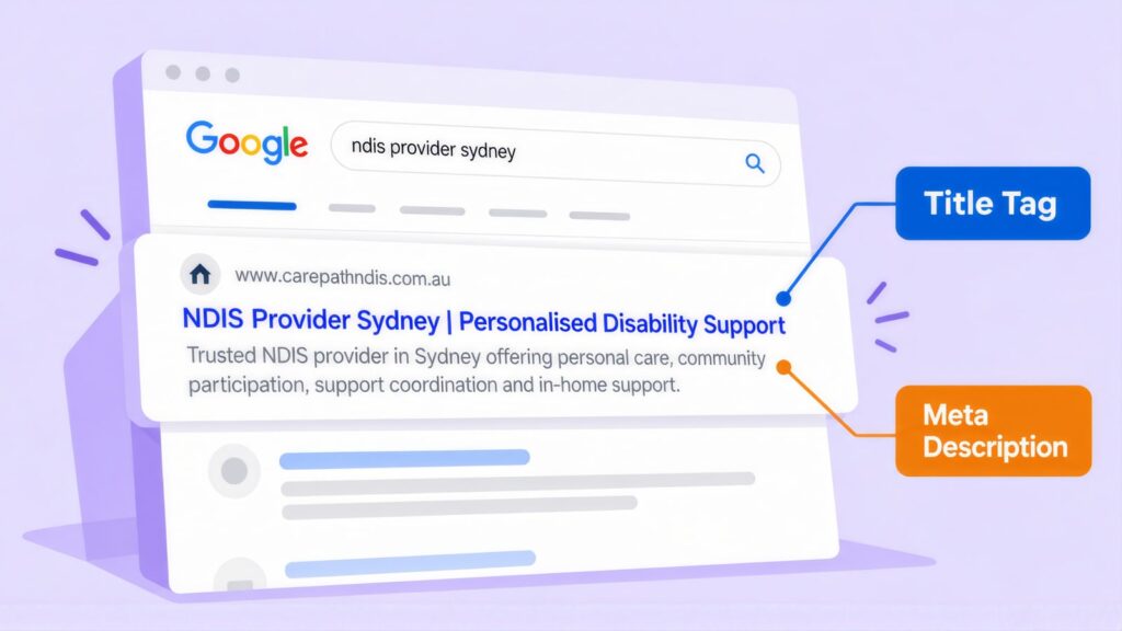 Google result for 'ndis provider sydney' with the CarePath NDIS headline labelled Title Tag and the snippet about personal care labelled Meta Description
