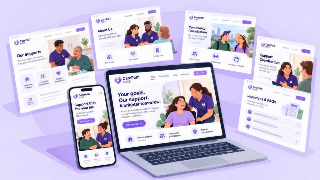 CarePath NDIS pages for Our Supports, About Us, Community Participation, Support Coordination and Resources & FAQs around a laptop and phone homepage
