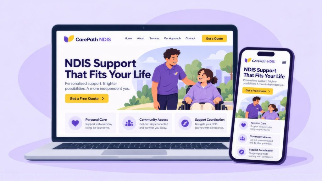 Laptop and phone showing the CarePath NDIS website with the headline 'NDIS Support That Fits Your Life', a support worker and a wheelchair user