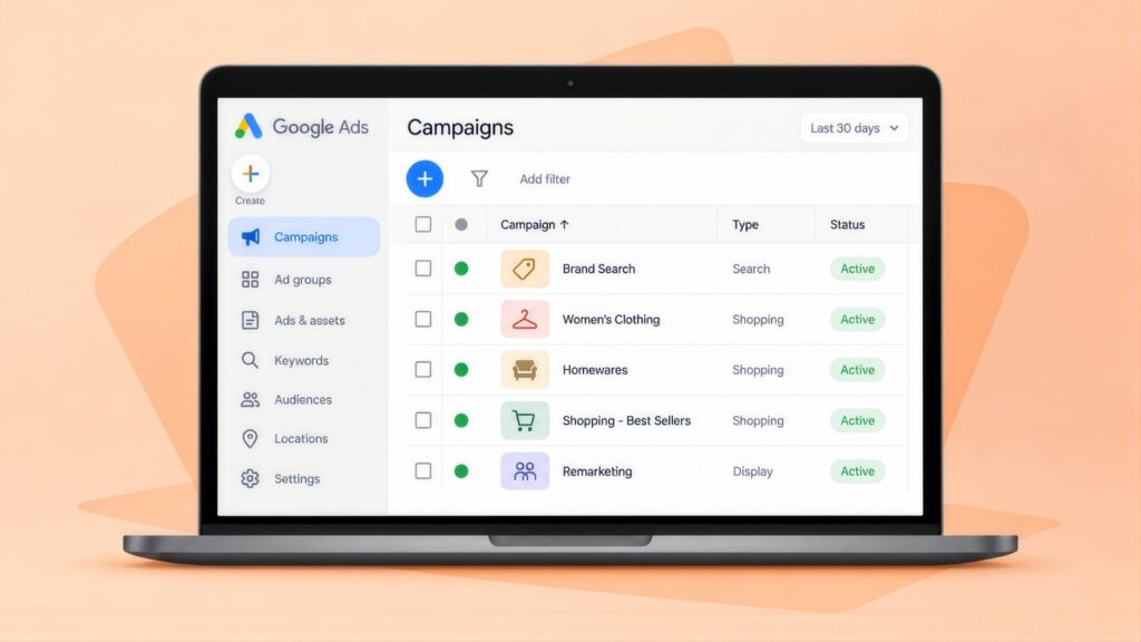 Laptop showing Google Ads campaigns for Brand Search, Women's Clothing, Homewares, Best Sellers Shopping and Remarketing, all active