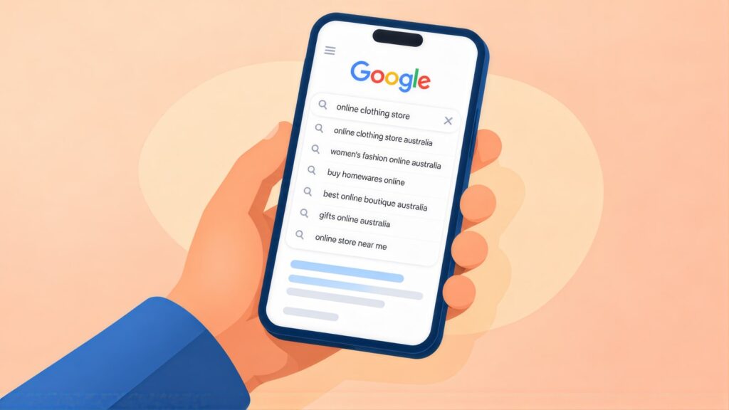 Hand holding a phone with Google suggestions for online clothing store, including women's fashion online australia and buy homewares online