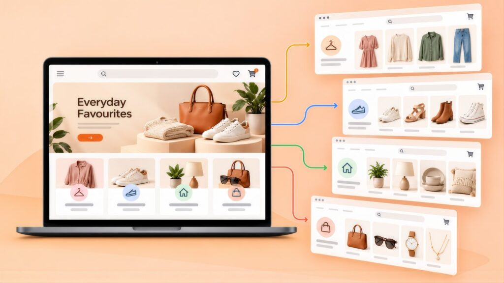 Store homepage headed 'Everyday Favourites' on a laptop with arrows to category pages for clothing, shoes, homewares and accessories