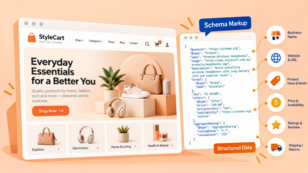 StyleCart store homepage beside Product schema markup for wireless headphones, labelled for price and availability, ratings and shipping