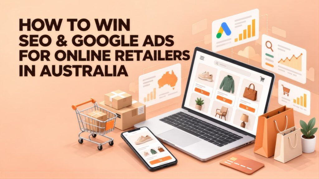 Headline 'How to Win SEO & Google Ads for Online Retailers in Australia' beside a laptop shop page, phone, shopping cart, parcels and shopping bags