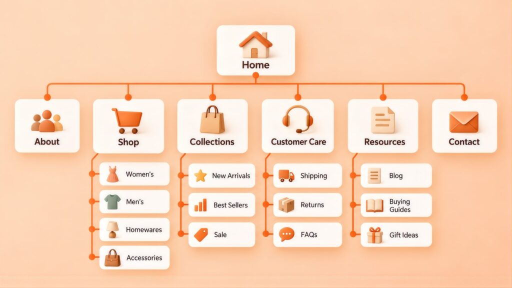 Site map tree from Home to About, Shop, Collections, Customer Care, Resources and Contact, with pages like Homewares, Best Sellers and Returns