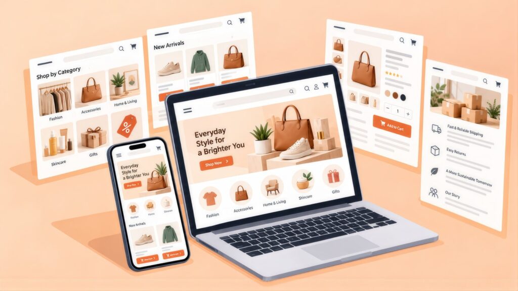 Laptop, phone and floating store pages for Shop by Category, New Arrivals, a handbag product page with Add to Cart, and shipping and returns