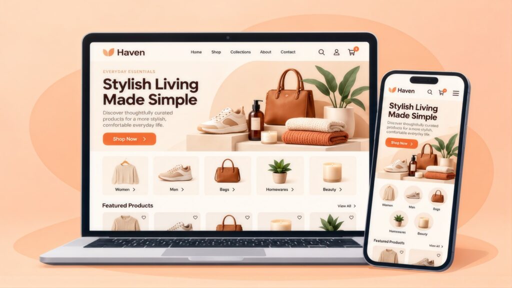 Haven online store on a laptop and phone with the headline 'Stylish Living Made Simple', a Shop Now button and Women, Bags and Beauty categories