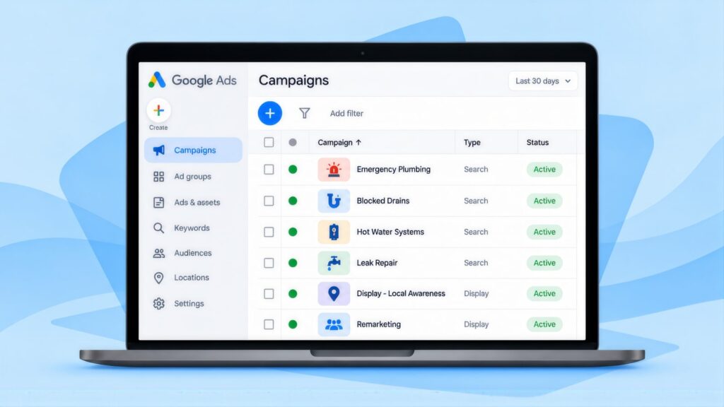Laptop showing Google Ads campaigns for Emergency Plumbing, Blocked Drains, Hot Water Systems and Leak Repair, plus Display and Remarketing, all Active