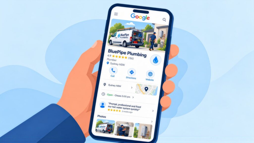 Hand holding a phone with the BluePipe Plumbing Google Business Profile, rated 4.9 from 186 reviews, with Call, Directions and Website buttons and a map