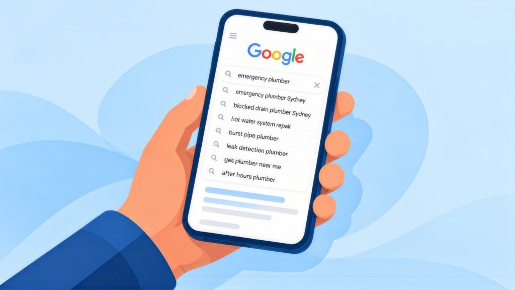 Hand holding a phone with Google suggestions for emergency plumber, including blocked drain plumber Sydney, hot water system repair and burst pipe plumber