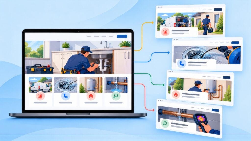 Plumbing homepage on a laptop with arrows to four landing pages showing a service van, drain clearing, a hot water system and thermal leak detection