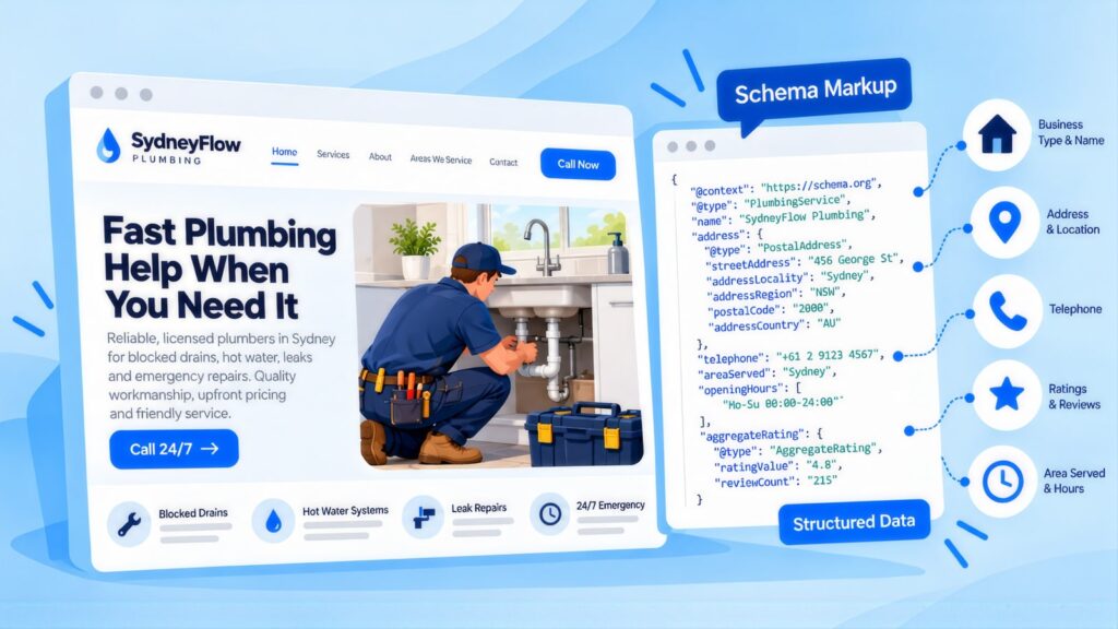 SydneyFlow Plumbing web page beside a Schema Markup panel of PlumbingService data, linked to business name, address, telephone, ratings and hours