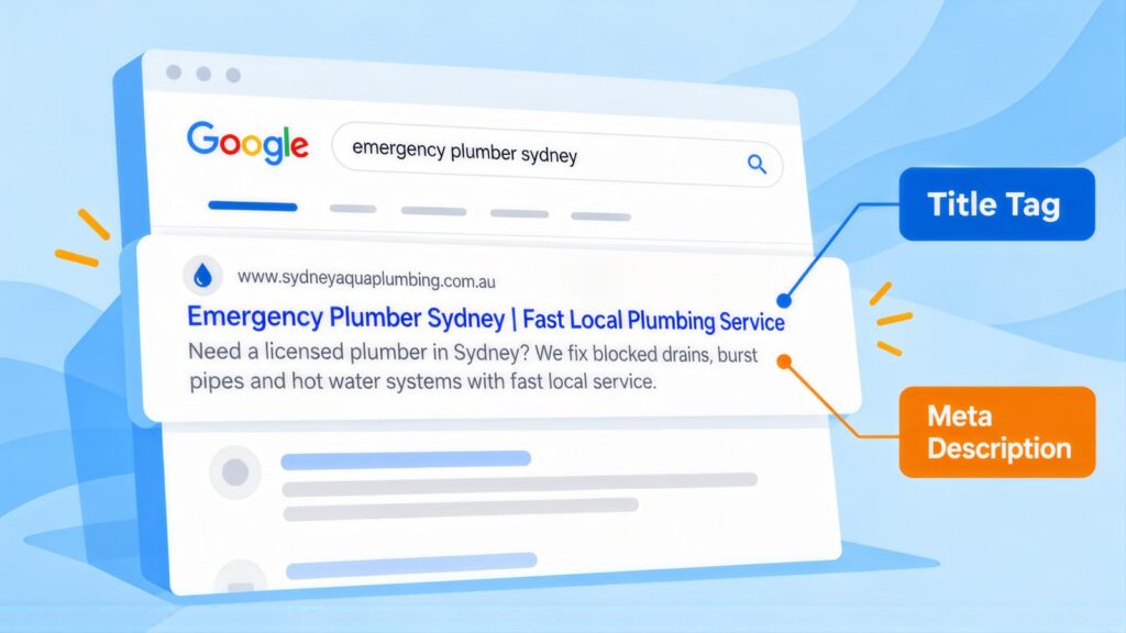 Google result for 'emergency plumber sydney' with the blue headline labelled Title Tag and the snippet below labelled Meta Description
