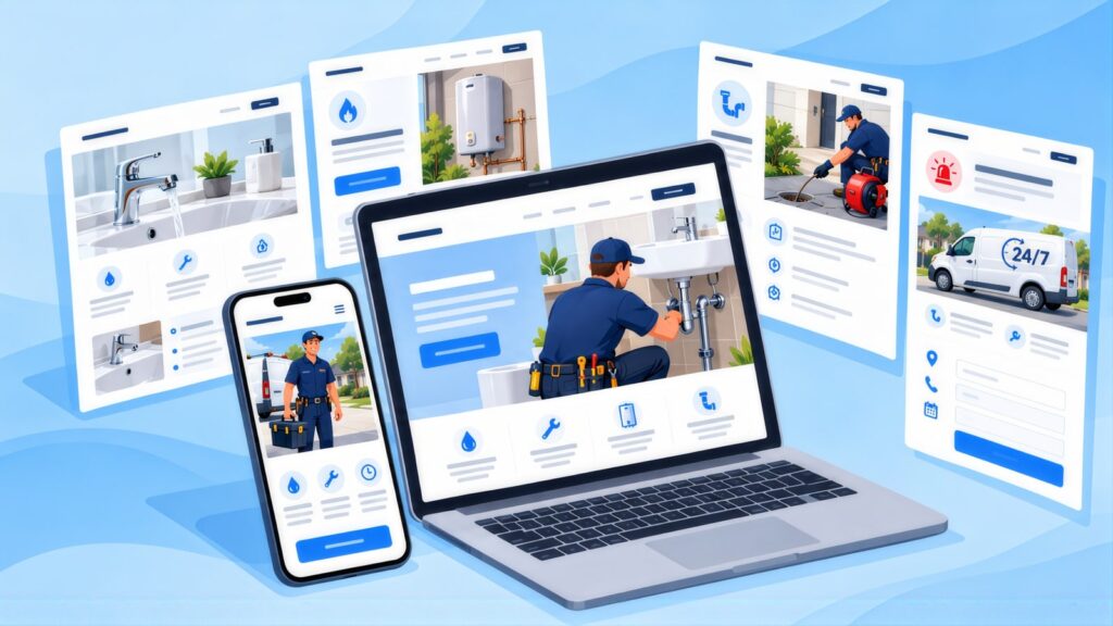 Plumbing site on a laptop and phone surrounded by page layouts showing a running tap, a hot water system, drain clearing and a 24/7 service van