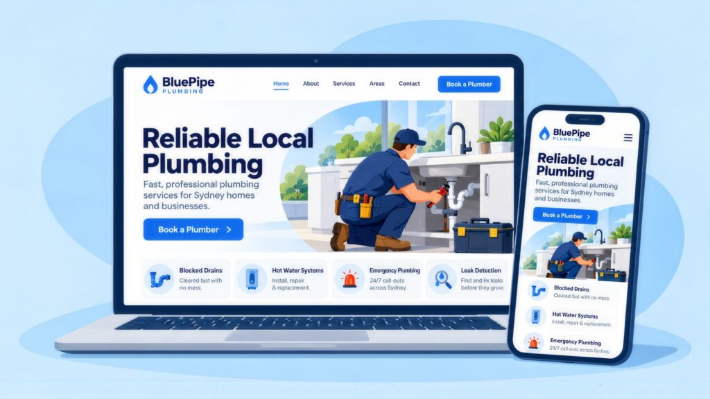 Laptop and phone showing the BluePipe Plumbing site with the headline Reliable Local Plumbing and a plumber fixing pipes under a kitchen sink