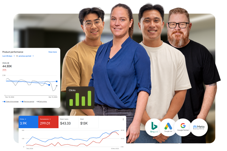 Four Click Click Media PPC specialists standing in the Norwest office, with clicks and conversion charts and Google Ads, Microsoft Advertising and Meta partner badges overlaid