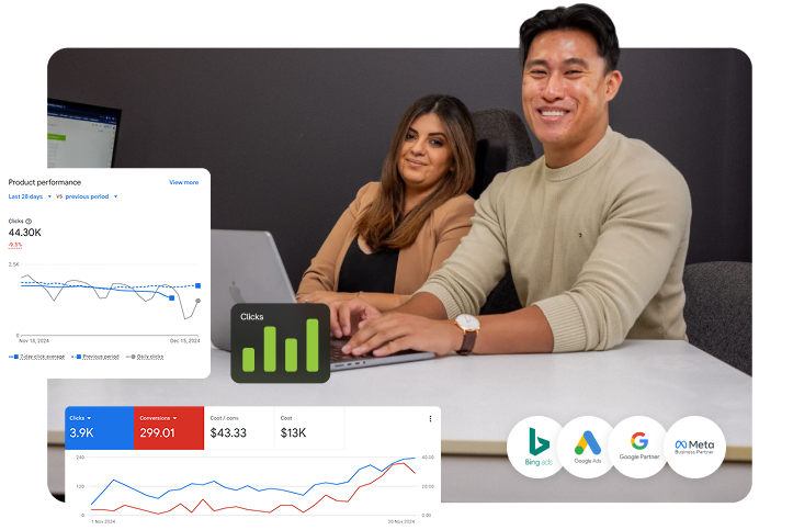Two PPC specialists sitting together at a desk reviewing a Google Ads performance dashboard showing an upward conversion trend on a laptop screen, with Google, Bing, and SEMrush platform logos along the bottom.